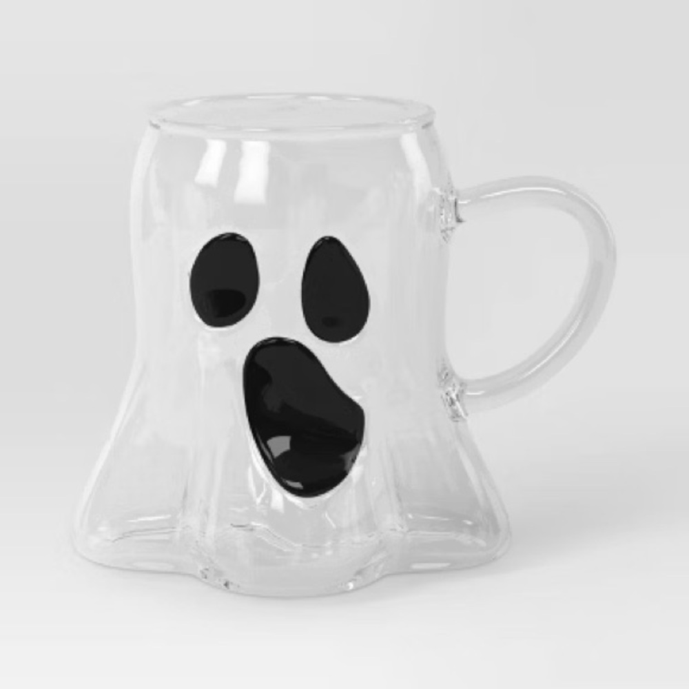 adorable Set of 2 Charming Ghost Face Clear Glass Coffee Mugs